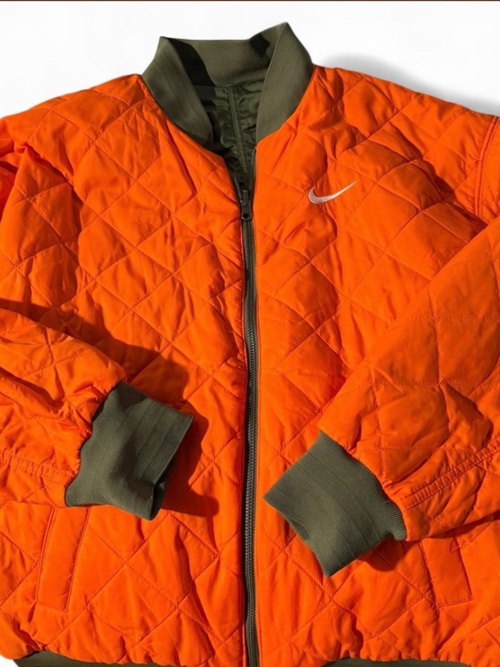 Nike Orange Quilted Bomber Jacket with Olive Trim